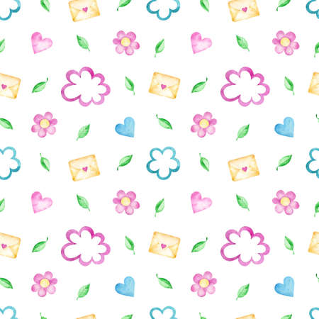 Watercolor background with hearts, leaves, flowers and envelopes. Cartoon seamless pattern.の写真素材