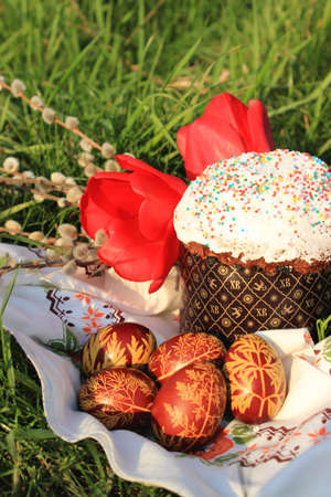 Easter composition with rustic style hand-painted eggs, pussy willow branches, red tulips and sweet...