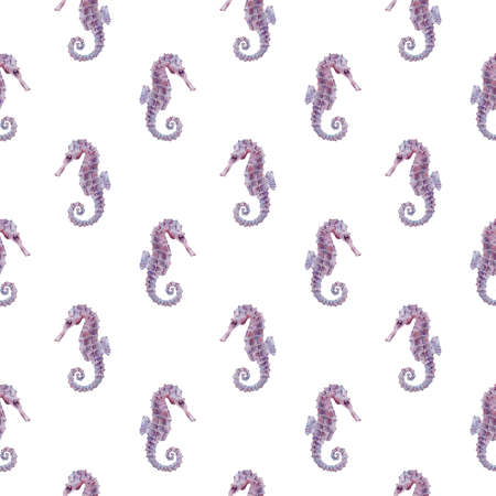Watercolor seamless seahorse pattern. Purple underwater walrus background. Under the sea life.の写真素材