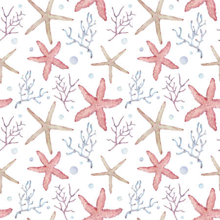 Seamless pattern with pink and yellow starfish, corals and seaweed. Watercolor endless background. Marine illustration for design and restaunrant menu. Aquatic animals. Undersea pattern.の写真素材