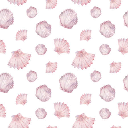 Watercolor sea shell pattern. Pink ocean life background. Vacation, travelling and menu design. Undersea seamless pattern.の写真素材