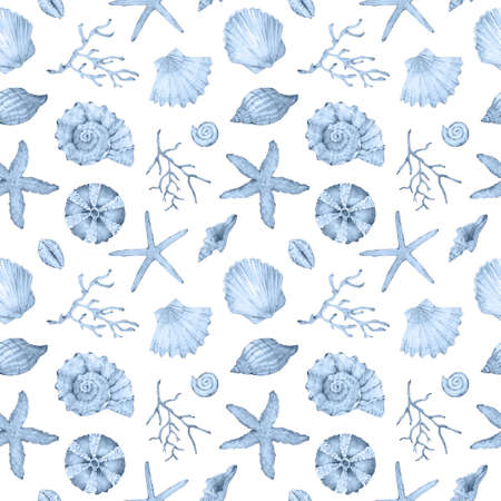 Watercolor blue underwater life pattern. Sea shells, stars and aquatic animals. Undersea pattern.
