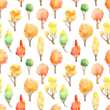 Watercolor autumn forest seamless pattern. Fall colors. Colorful trees. Endless pattern.の写真素材