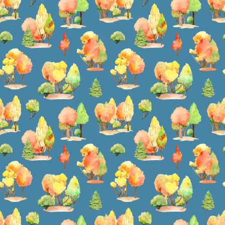 Watercolor autumn forest seamless pattern. Fall colors. Colorful trees. Endless pattern.の写真素材