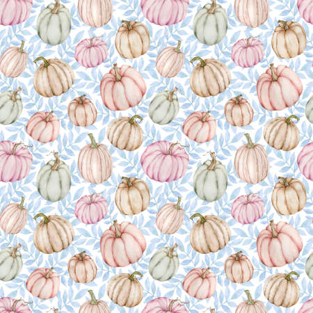 Watercolor seamless pattern with colorful pumkins and blue leaves. Fall endless background.の写真素材