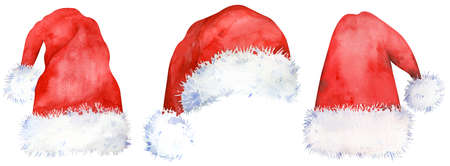 Watercolor set of red Santa Claus hats. New Years accessories and Christmas decoration.の写真素材