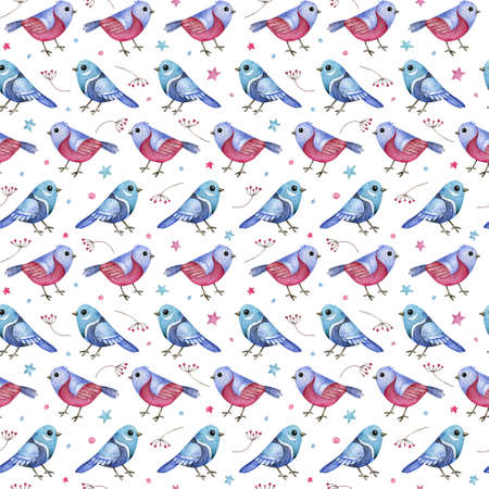 Christmas seamless pattern with blue and pink birds, berries and stars. Watercolor Holiday background.の写真素材