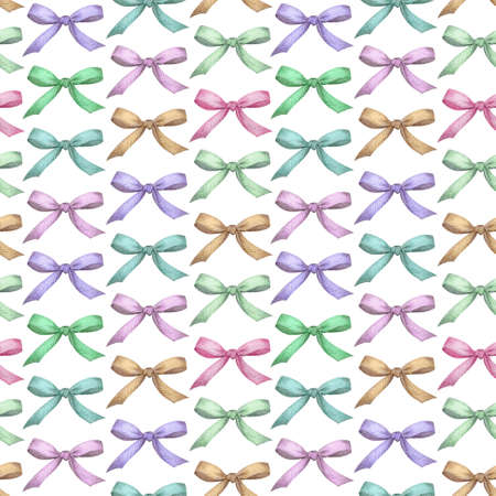 Seamless pattern with colorful gift striped bows. Watercolor holiday background. Hand-drawn art.の写真素材