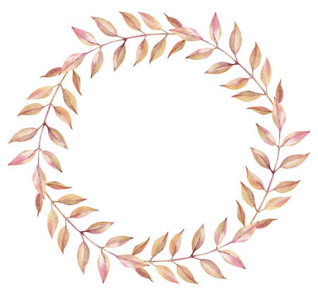 Watercolor wreath of autumn light orange and pink branches with long leaves. Fall simple round frame.の写真素材
