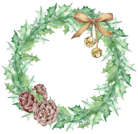 Watercolor Christmas mistletoe leaves wreath decorated with a golden bow, jingle bells and cones. New Years template.の写真素材