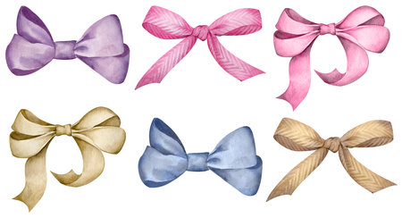 Watercolor set of colorful gift bows. Hairstyle or gift wrapping accessories.の写真素材