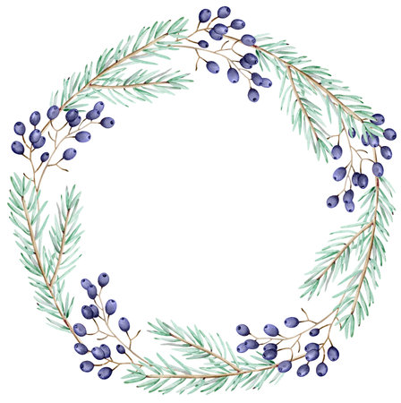 Watercolor winter pine branches and blue berries wreath. Christmas holiday frame. New Years card template.の写真素材
