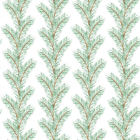 Watercolor Christmas tree branch seamless pattern. Winter pine branch background. Hand-drawn evergreen illustration.の写真素材