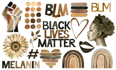 Watercolor Black Lives Matter Clipart. Hand, woman, sunflower, hearts, rainbow, sports, stripes, leaves. American social movement set isolated on the white background.の写真素材