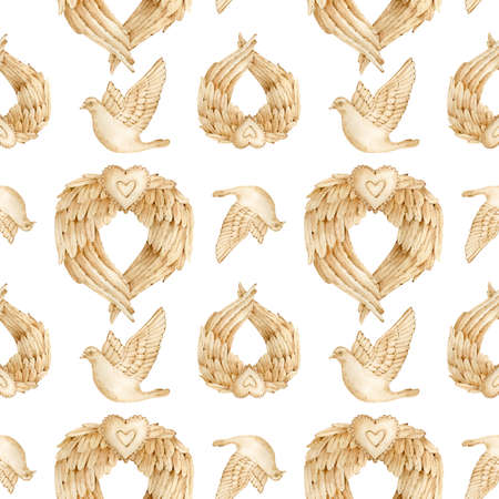 Watercolor pattern with brown angel wings, doves and hearts. Valentines day vintage background. Hearts pattern. Romantic design.の写真素材