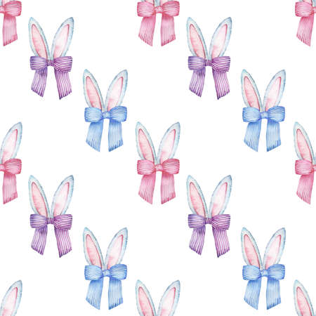 Watercolor Easter pattern with gray and pink color bunny ears with striped colorful bows. Easter background.の写真素材