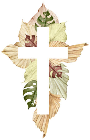 Holy Christ Cross. Watercolor illustration of a cross decorated with tropical palm leaves isolated on the white background.の写真素材