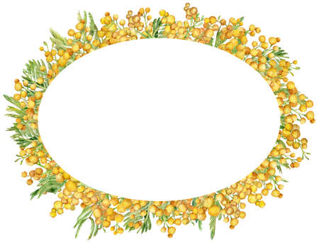 Watercolor mimosa wreath. Yellow spring floral frame. Hand-drawn illustration.の写真素材