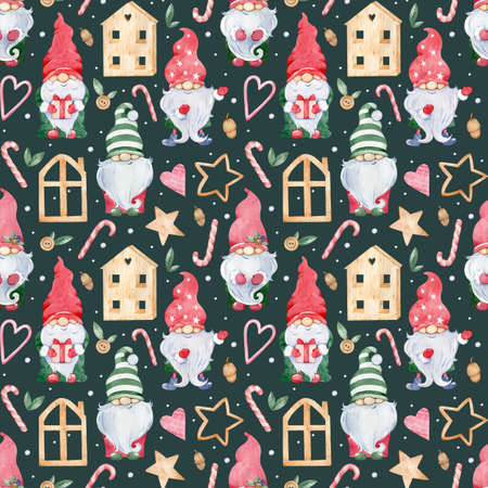Watercolor seamless background with Cute Little Christmas Gnomes. New Years gnomes in colorful green and red hats. Wooden houses, stick candies, hearts and stars.の写真素材