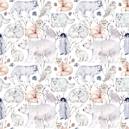 Cartoon cute polar animals seamless pattern. Various Arctic and Antarctic birds and animals watercolor illustration. Colorful north fauna inhabitant on the white backgroundの写真素材