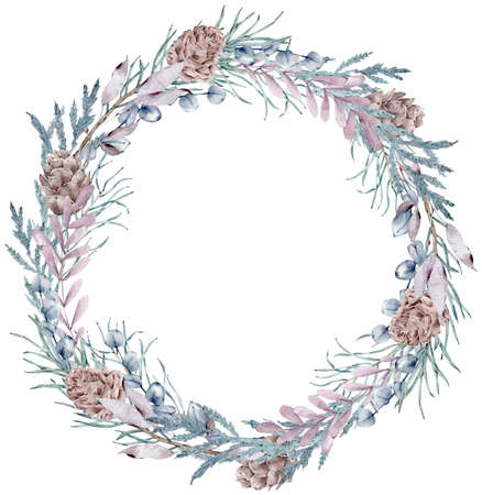 Winter pinebranch and cones wreath. Christmas and New Years card. Watercolor circle holiday frame. Green and pink branches, and pinecones isolated on the white background.の写真素材