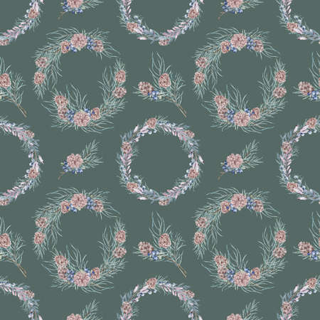 Christmas green pinebranches wreath background. Watercolor seamless pattern with cones on the green.の写真素材