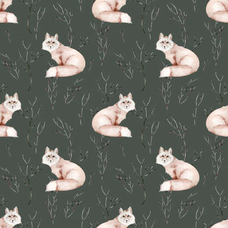 Fox in the forest. Watercolor seamless pattern with foxes. Hand-drawn illustration. Decorative element useful for invitations, scrapbooking, design.の写真素材