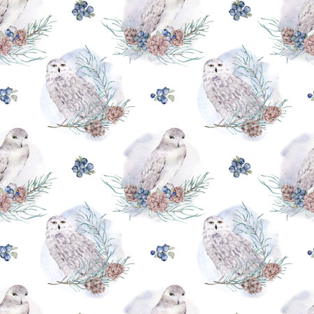 Seamless cute watercolor owls pattern. Hand-drawn illustration of white polar owls with pinebranches, berries and cones.の写真素材