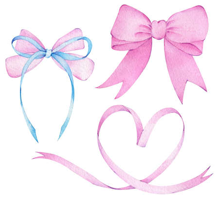 Watercolor set of pink and blue bows. Holiday gifts decoration. Hand-drawn art. Valentines day design. Heart-shaped bow.の写真素材