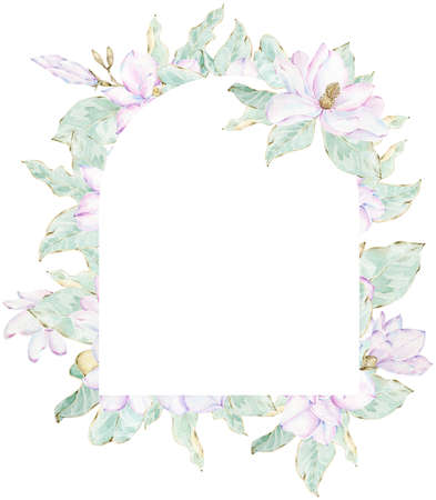 Magnolia flower frame. Watercolor floral template for advertising, greeting card and banners design. Floral Mothers day template. Pink magnolia Valentines Day frame.の写真素材