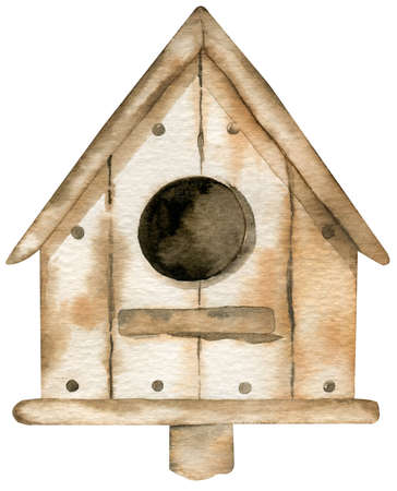 Watercolor wooden bird house isolated on the white background. Hand-drawn illustration.の写真素材