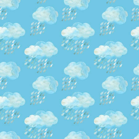 Rain cloud background. Watercolor cartoon style seamless pattern of blue rain-producing cloudsの写真素材