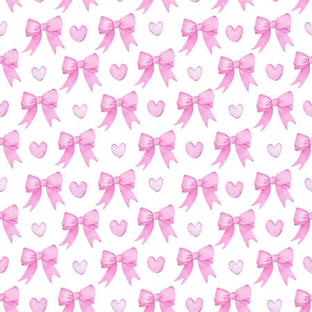 Watercolor pink bows and hearts pattern. Seamless Valentines day background. Holiday illustration. Celebration design.の写真素材