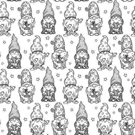 Vector Christmas gnomes pattern. Cute Little Christmas Gnome background. New Years gnomes with gifts and in hats.の写真素材