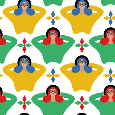 Vector gerls in sunglasses and green and yellow sweaters pattern. Woman background.のイラスト素材