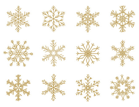 Vector hand-drawn snowflakes set. Delicate snow icon silhouettes. Isolated on white background. Design elements for christmas, winter prints, seasonal greetings, or any use.のイラスト素材