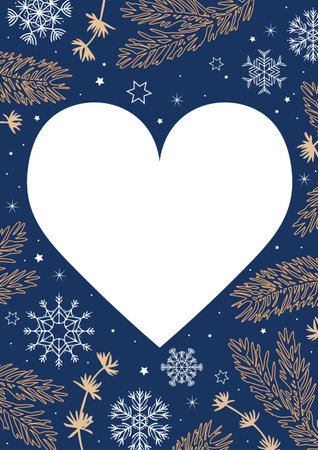 Christmas heart template, blue background with snowflakes and tree branches. Place your text or image. Vector available. Winter heart-shaped frameのイラスト素材