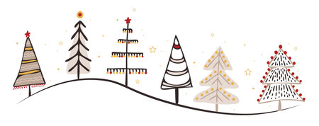 Vector hand drawn winter trees border. Whimsical doodles Christmas bannerのイラスト素材