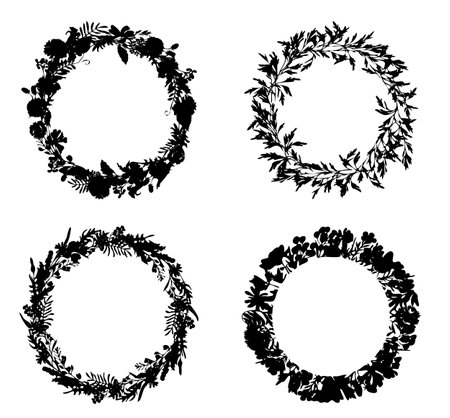 Vector silhouette wreath set with hand drawn herbs and wildflowers for wedding invitations, birthday cards. Silhouette frames.のイラスト素材