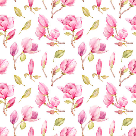 Watercolor hand-drawn seamless magnolia pattern design. Pink magnolia. Spring blossom. Wonderful flowers.の写真素材