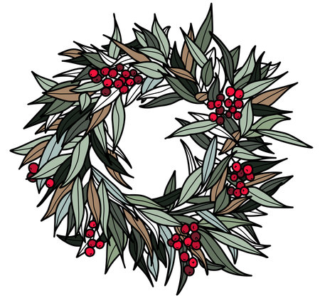 Christmas wreath with red berries. Green and brown leaves. New Year holiday celebration in December.のイラスト素材