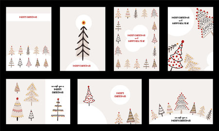Merry Christmas. Simple hand drawn Christmas vector cards with abstract beige and red pine tree. Winter holidays illustration.のイラスト素材