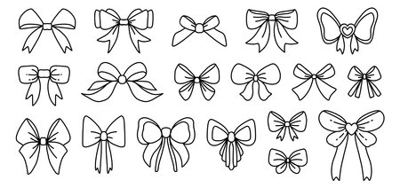 Hand drawn bows doodle set. Collection of line drawing sketches of decorative birthday holiday ribbons isolated.のイラスト素材