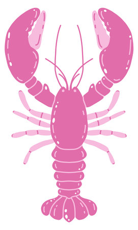 Vibrant pink lobster with detailed claws and antennae, perfect for seafood, marine, and culinary designs. Flat vector illustration isolated on white backgroundのイラスト素材