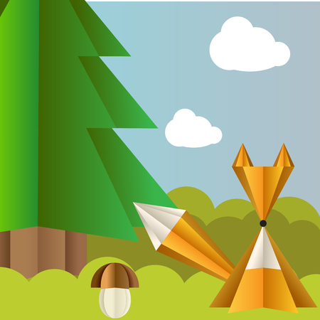 Vector autumn landscape with a fox, spruce and fly agaric origamiのイラスト素材