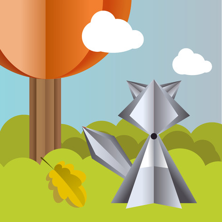 Vector autumn landscape with a wolf and falling leaves origamiのイラスト素材