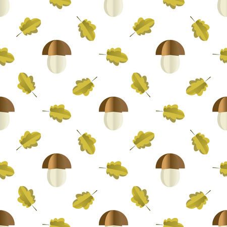 Colorful seamless pattern of mushrooms and leaves cut out of paper. Vector forest illustration on white background. Simple cartoon flat style. The best for design textile fabric paper, wallpaper, kids. Wrapping.のイラスト素材