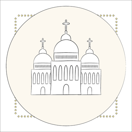 Vector church, temple, chapel with domes and crosses. Religion is Christianity, Baptism. Isolated object on white background. An illustration painted by hands, hand draw. Style doodle.のイラスト素材