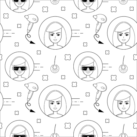 Simple seamless pattern of laser hair removal. Process of laser, photo and electro hair removal. Accessories and equipment for the procedure. Diode laser, sapphire tip. Hairy girl before and after.のイラスト素材