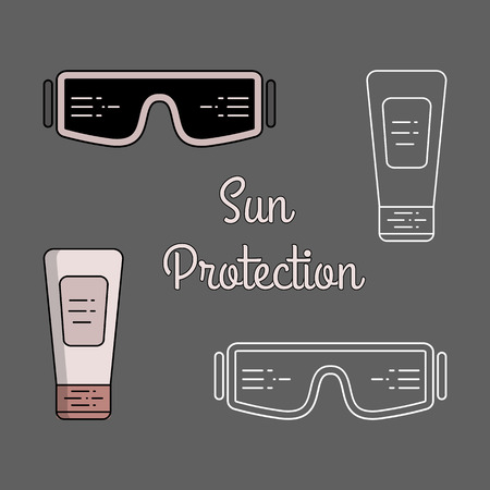 Vector flat icons of sun glasses and suntan lotion. Protection from the sun, accessories for laser hair removal. Isolated objects.のイラスト素材